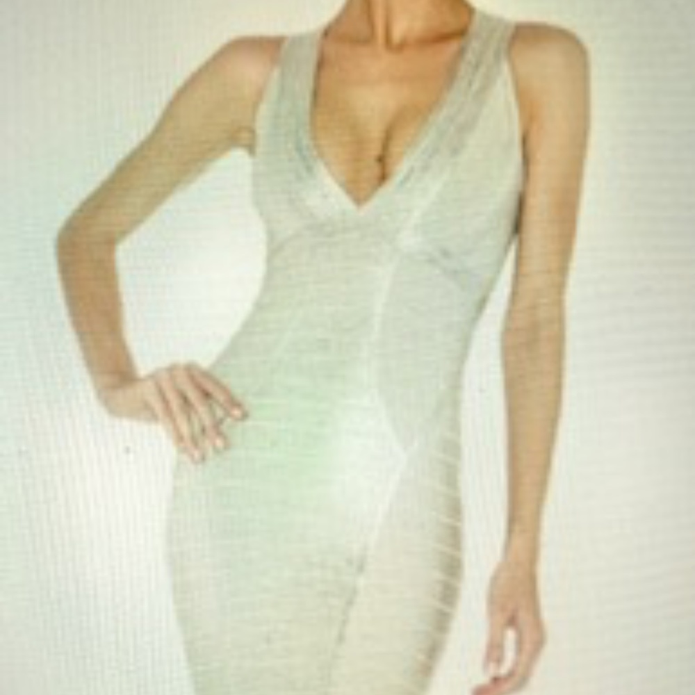 Herve Leger “Sigrid” Silver Metallic Bandage Dress